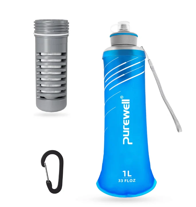 Purewell Collapsible Squeeze Bottle Water Filter System 1000ml for Trail Running, Through Hiking, Travel, Cycling, and Fishing blue